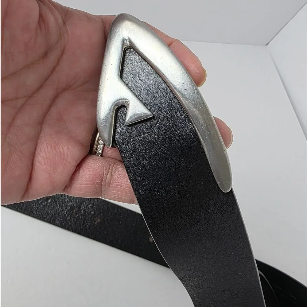 Armani Jeans Leather Belt Silver Buckle Black Made In Italy Size 95/110